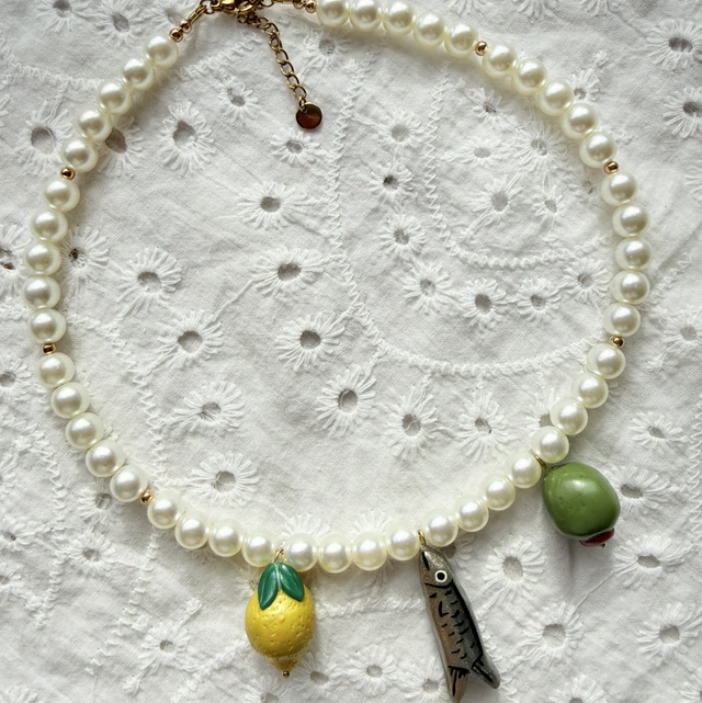 Olivia – Lemon, Sardine & Olive Pearl Charm Necklace