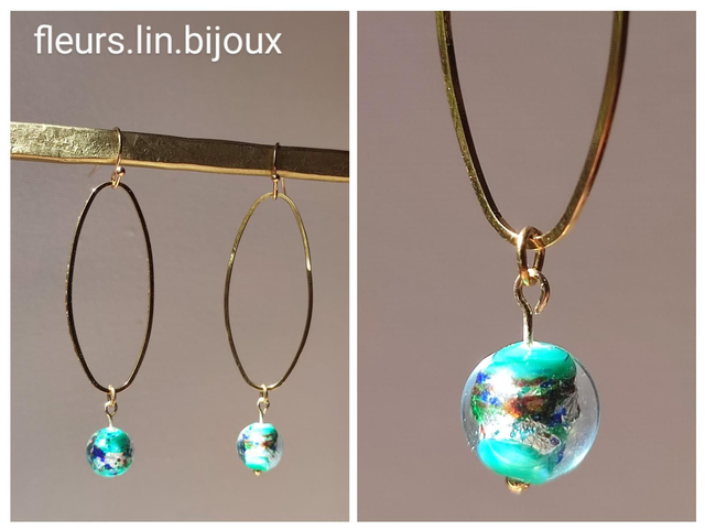 Z-Boucles d&#039;oreilles en verre moucheté et acier inoxydable doré -sans nickel -piece unique 