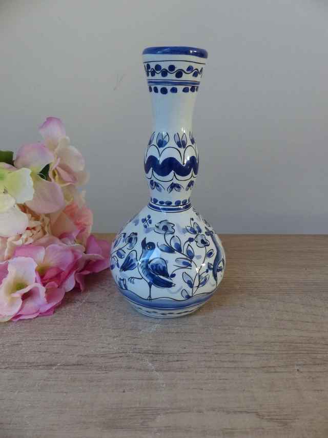 Vase en céramique Oiseau et Biche Bleus Peint Main Portugal, Vase en Céramique Animal, Vase Forme Coloquinte Décoration Intérieur Cadeau