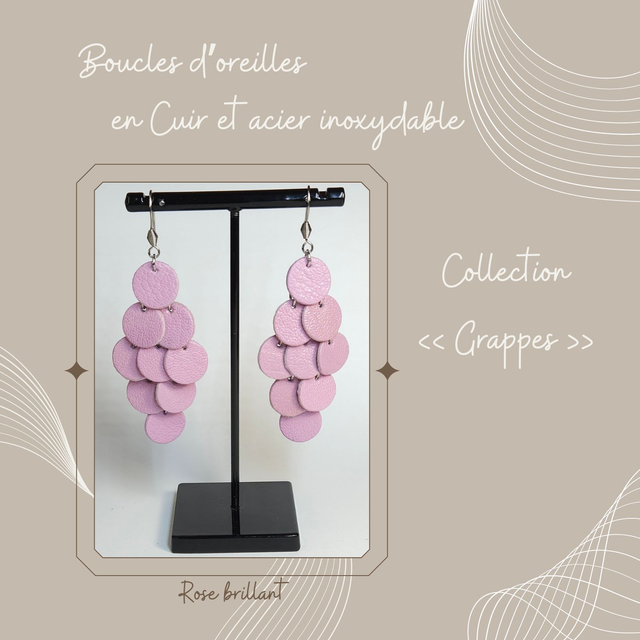 Boucles d&#039;oreilles Grappe en cuir - Rose