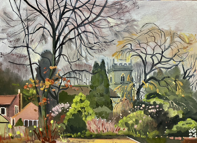 North Dalton view of church from the village hall. 14x10 inch oil on canvas board