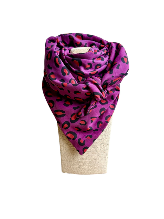 Foulard triangle - LEOPARD prune et rouge