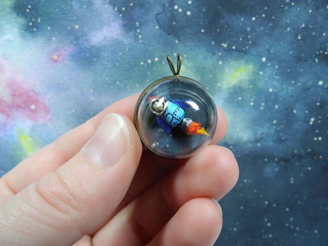 Retro comic rocket - Miniature Jewelry - One of a kind Diorama Art