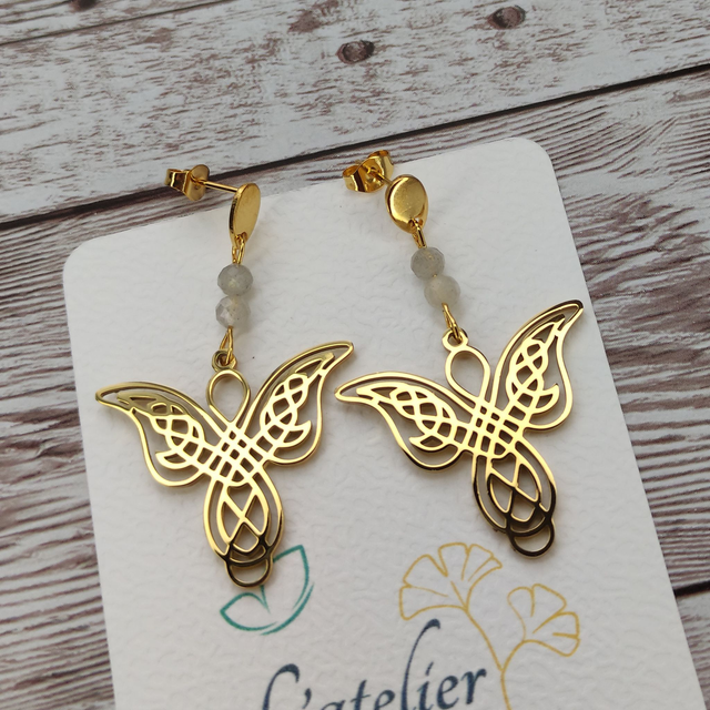 Boucles d'oreilles Anges en Labradorite grise 