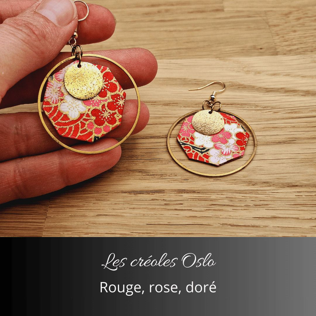 Boucles d&#039;oreilles créoles Oslo - Rouge, rose, or