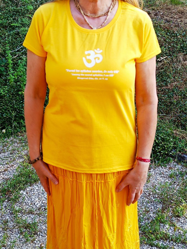 T-Shirt Femme, avec OM indien, en coton,Jaune, Tailles M ou L