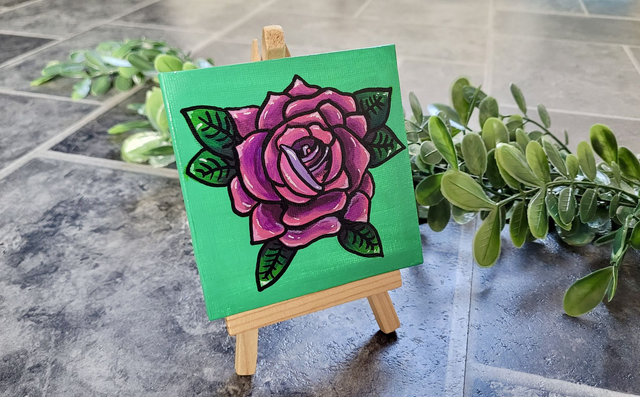 Original Mini Canvas Painting – Tattoo Pink Rose