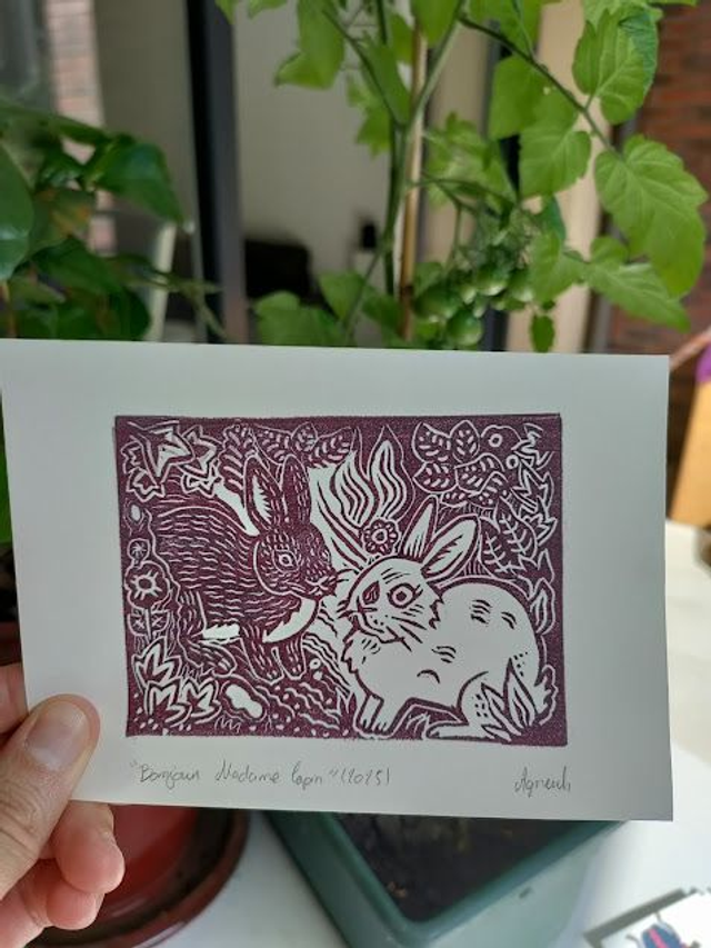 Linogravure/tampon Bonjour Madame lapin" lapins sauvage format 10X14.5 cm