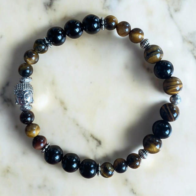 T11 Bracelet « Millenium »  œil de tigre et tourmaline noire breloque bouddha 