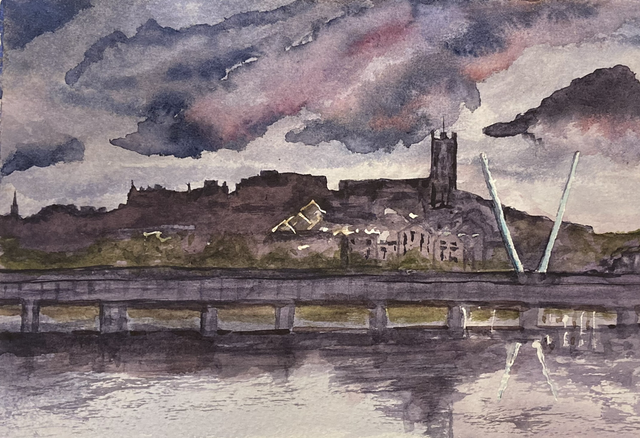 Lancaster Castle and Priory from Skerton Bridge.  Original Signed and Framed Watercolour Painting 