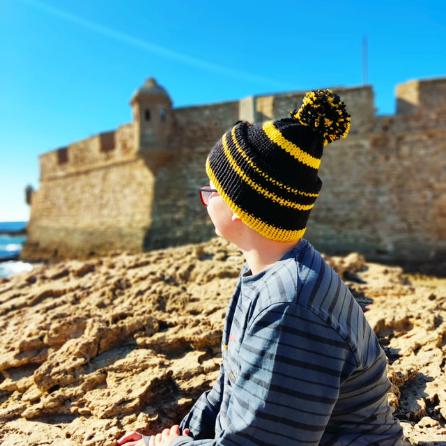 Funky Chunky Bobble Hat - Black &amp; Mustard Gold - Handmade in Scotland