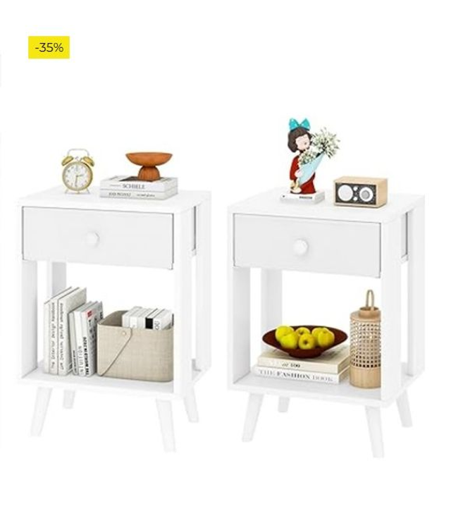 Juego de 2, Mesa Auxiliar, Mesilla de Noche, Cajón de Tela