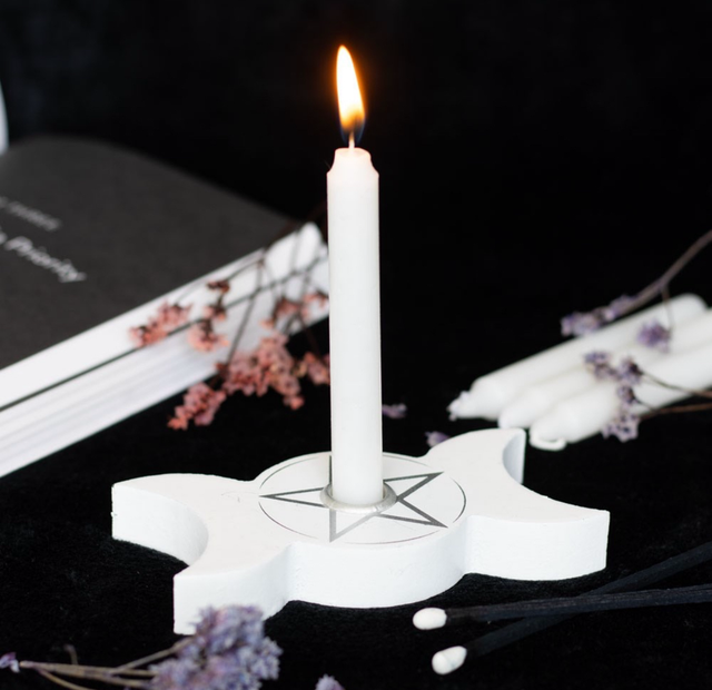 White triple moon spell candle holder