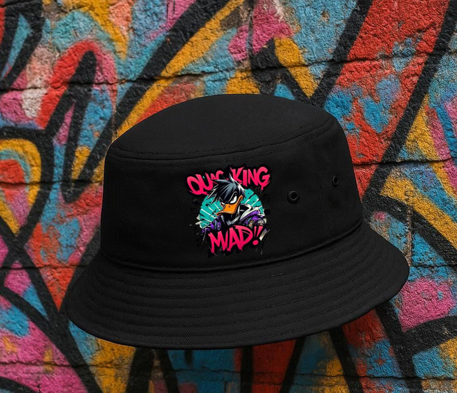 Black Bucket Hat with Quacking Mad Design
