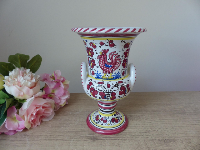 Vase en Céramique Coloré d’Italie Deruta l'Antica : Amphore aux Motifs de Fleurs et de Coq Rouge Peint Main Idéal Cadeau Décoration Maison
