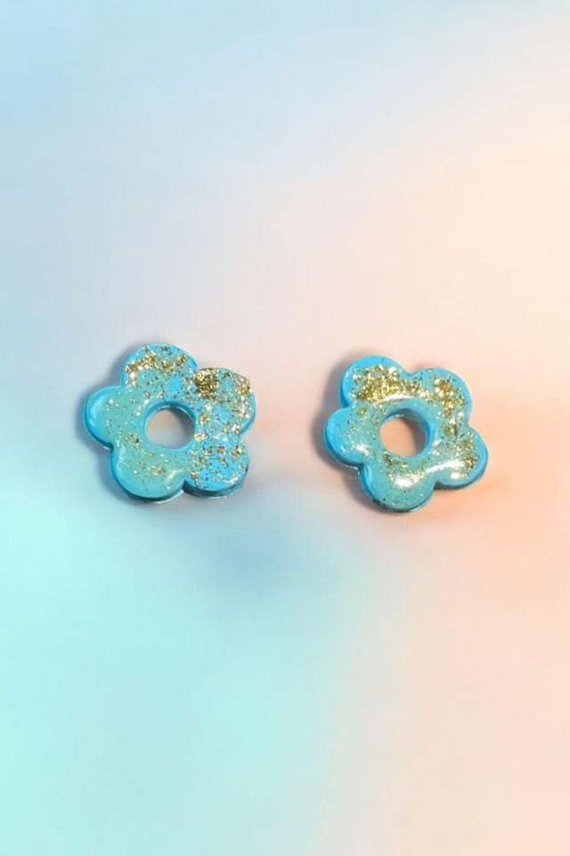 Pampilles interchangeables fleurs bleu clair et feuilles dorées pour créole 