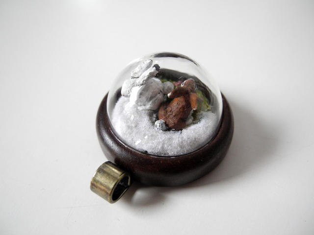 Mountain Hares - OOAK Biosphere Wood Jewelry - Clear glass globe with two delicate Mountain Hares inside– winter/spring inspired jewelry (1)