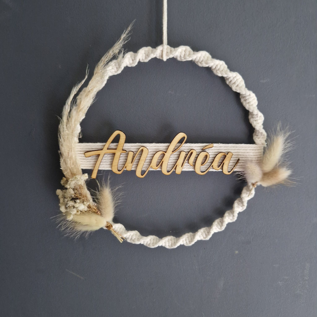Cercle macramé prénom Fleurs séchées 20 cm