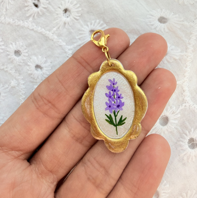 Vintage Gold Frame Larkspur Flower Charm