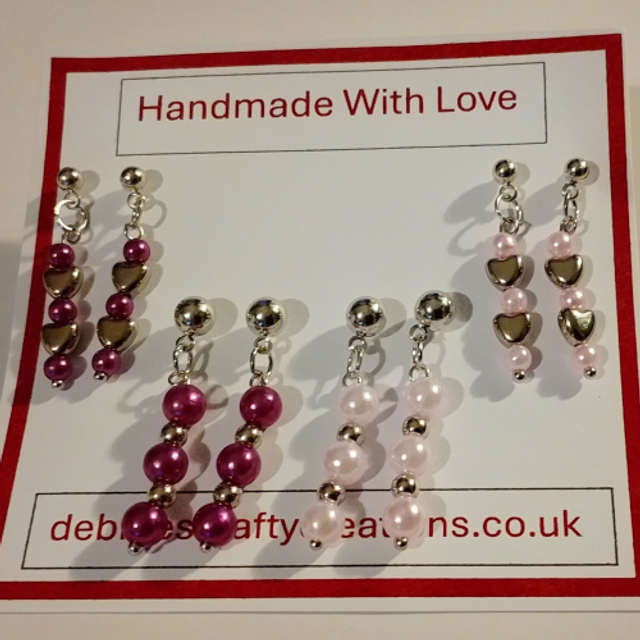 Set of 4 Pairs Of Silver Coloured Handmade Pink Pearlescent Drop Bead Earrings