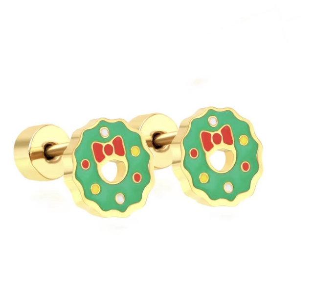 Gold Christmas Wreath Mini Comfort Back Studs