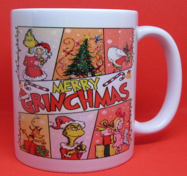 Custom Unofficial Printed Merry Grinchmas Cartoon Strip Design Boxed 11oz Mug.