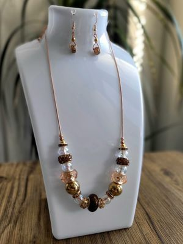 Matching set of copper and brown lamp-work necklace &amp; earrings