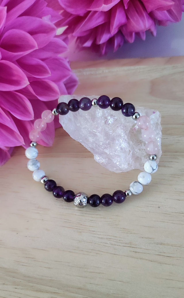 Bracelet "Paix intérieure" Boule Améthyste, Quartz rose et Howlite
