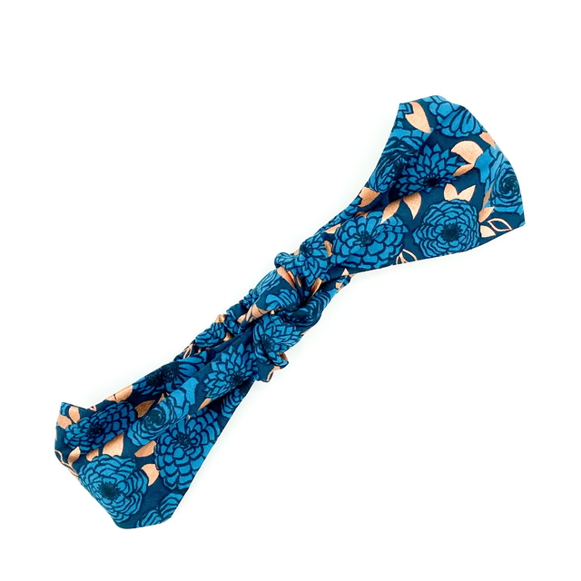 Knotted Elasticated Headband - Dark Blue Metallic Gold Floral