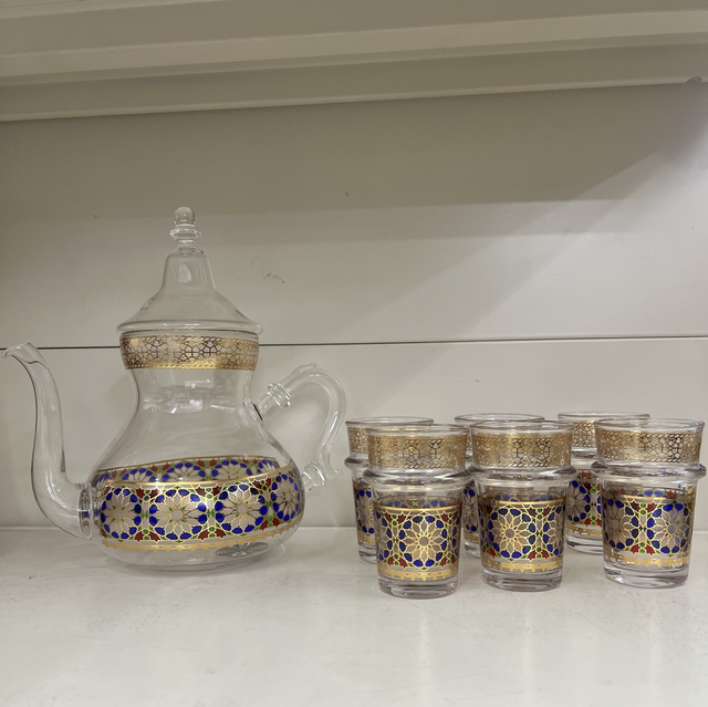 Théière en verre + 6 verres à thé "zelij bleu"
