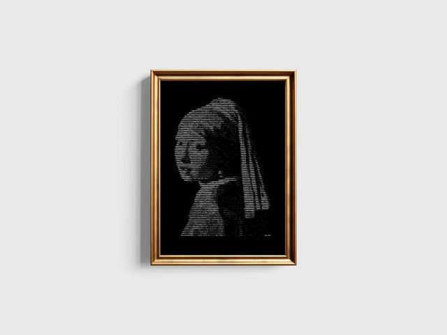 A3 Schreibmaschinen-Gemälde Meisje met de Parel in Weiß auf Schwarz