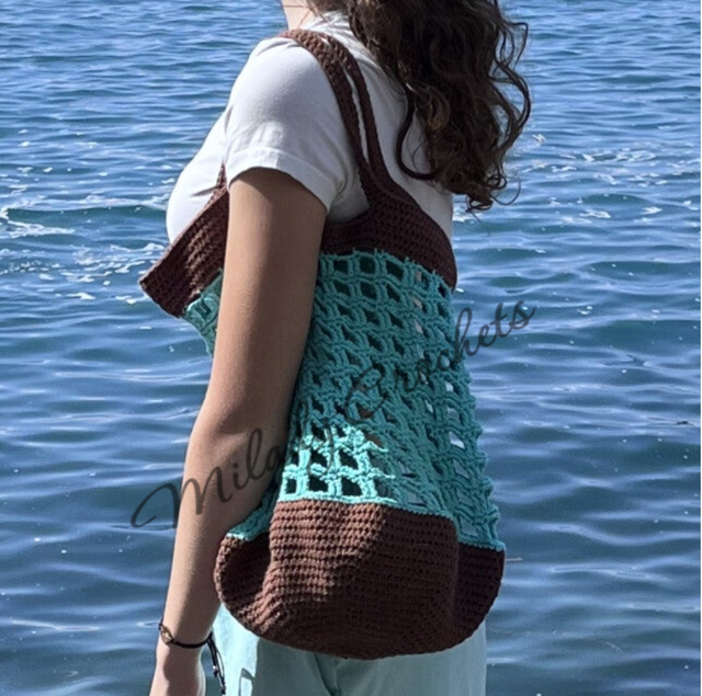 Sac “filet” turquoise et brun M