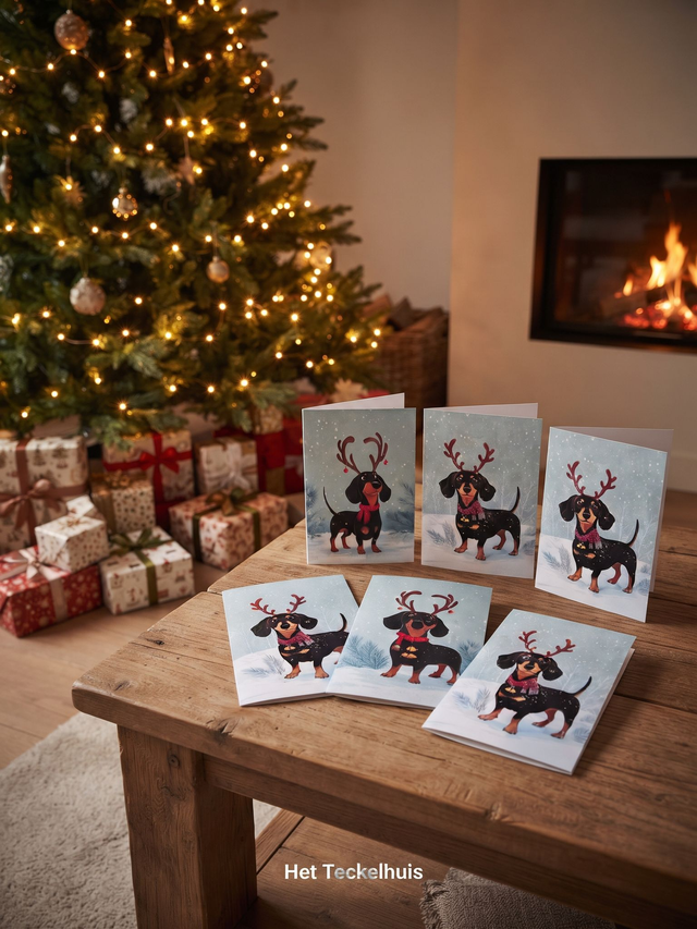 Kerstkaart "Teckel met rendiergewei"