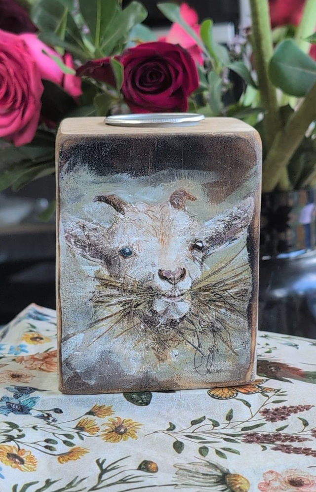 Goat chewing the straw - Tealight Holder Reclaimed Wood