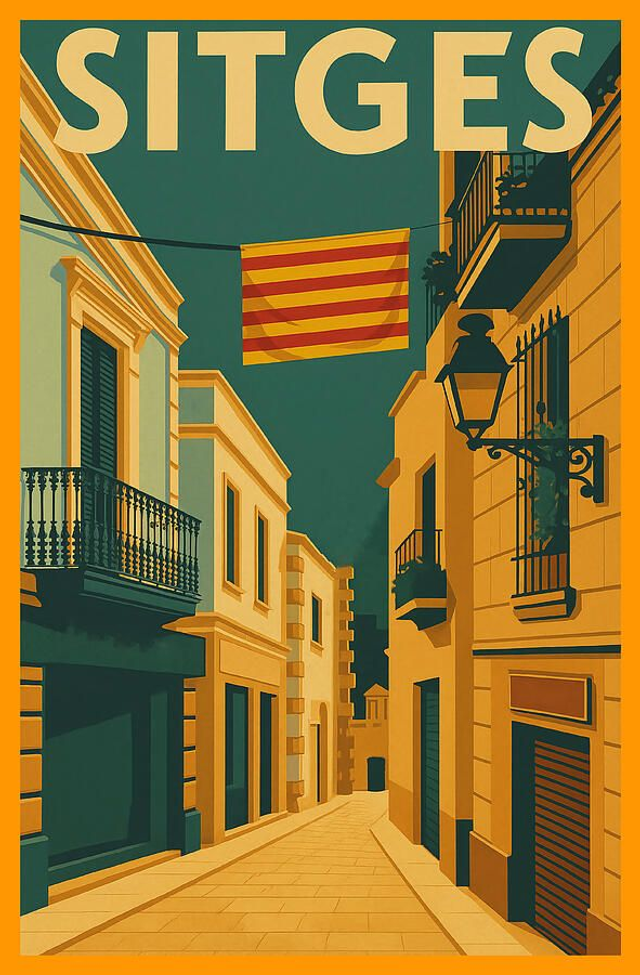 Póster vintage de Sitges, Cataluña. Calle con bandera catalana.