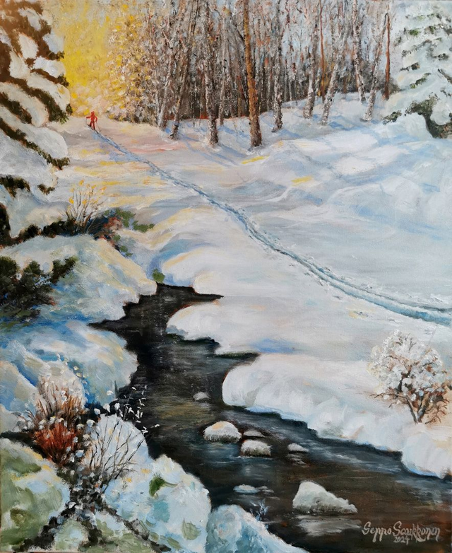 Joki, latu ja hiihtäjä. (Öljyvärimaalaus 61x50cm)