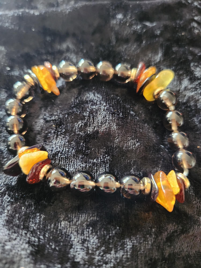 MENS AMBER AND SMOKY QUARTZ BRACELET 