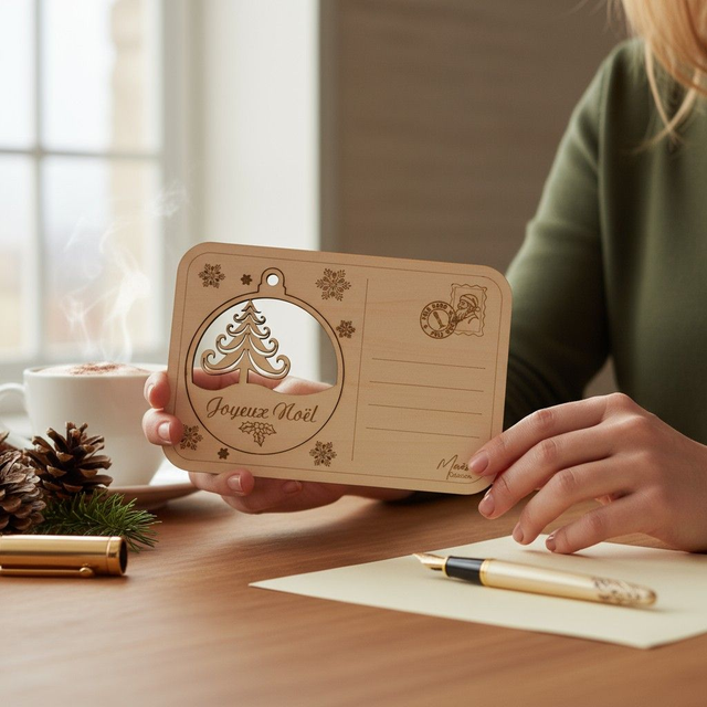 Carte postale avec boule de Noël en bois, gravée et personnalisée - décoration de sapin, déco Sapin