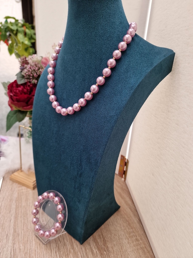 Parure Collier Bracelet De Perles Rose Lila Doré