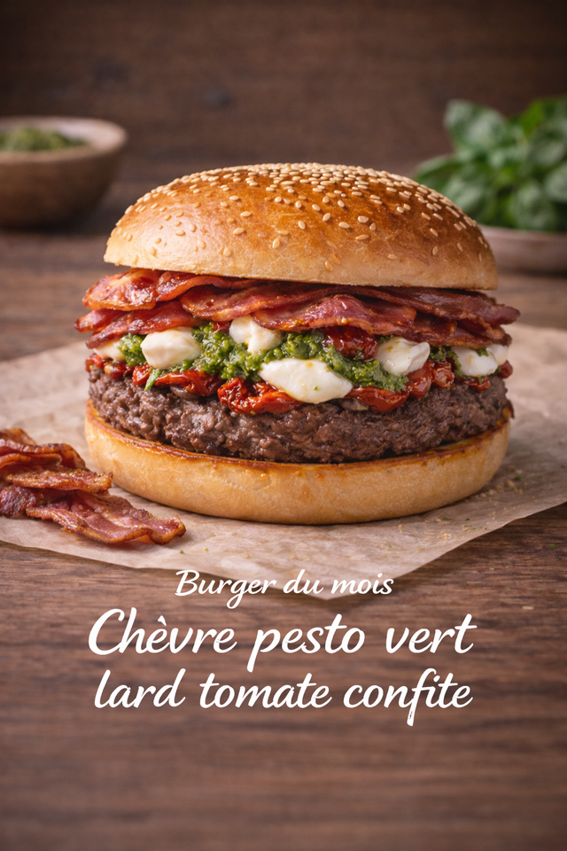 9 Burger du Moment : Chèvre fondant, pesto vert, lard croustillant et tomate confite