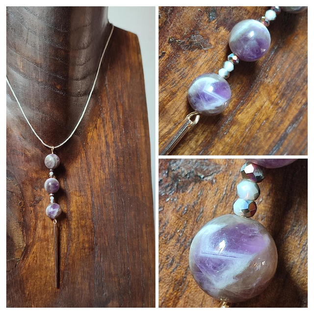 Collier améthyste &amp; grenat monté sur fil de lin avec chaîne d&#039;extension en acier inoxydable doré 