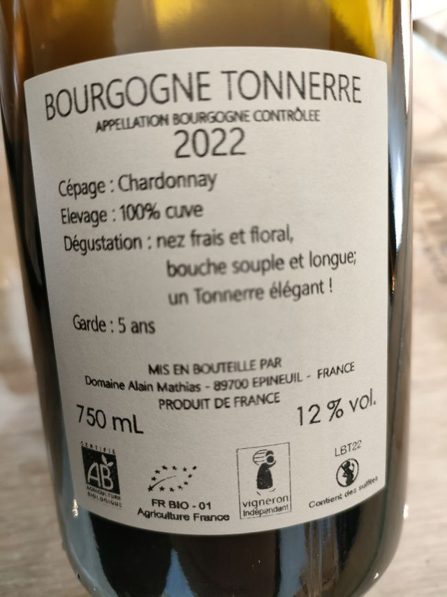 Bourgogne Tonnerre Blanc 2022 - Blanc Sec Tranquille - Domaine Alain Mathias (Alain; Bastien et Carole Mathias)