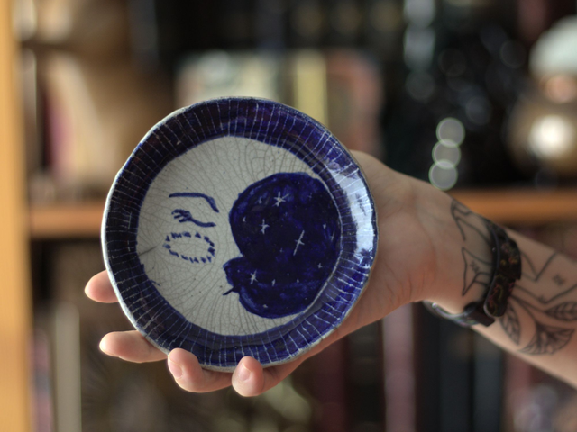 Coupelle Lune en raku blanc et bleu