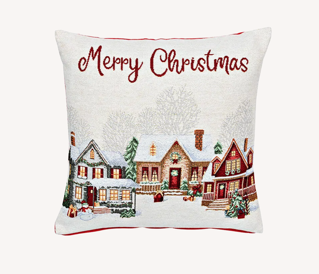 Kussenhoes kersthuisjes decor van textiel, beige/rood, met rits