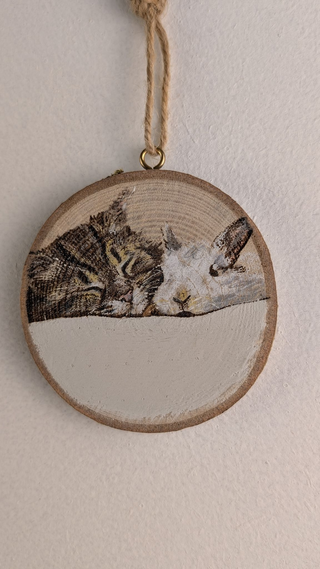 Cat and Rabbit, snuggled - Log slice