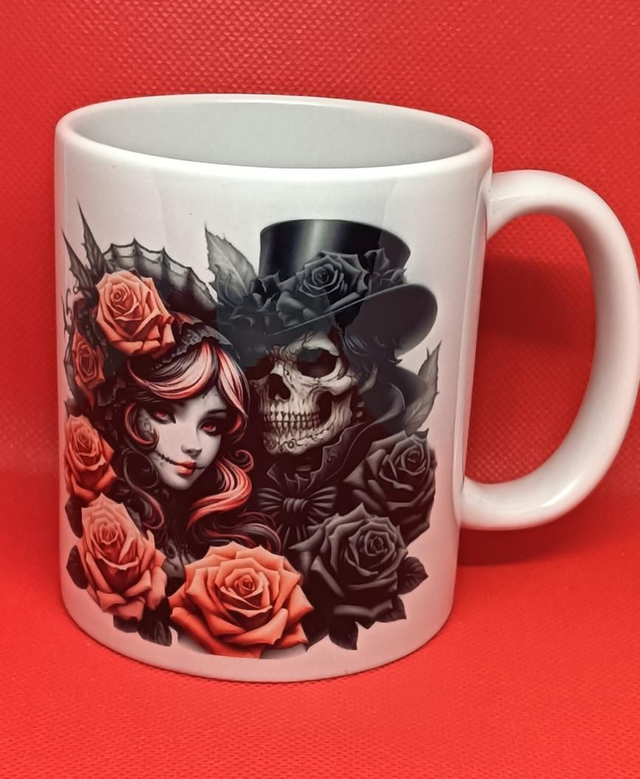 Custom Printed Gothic girl &amp; Skull Man with Roses Mug