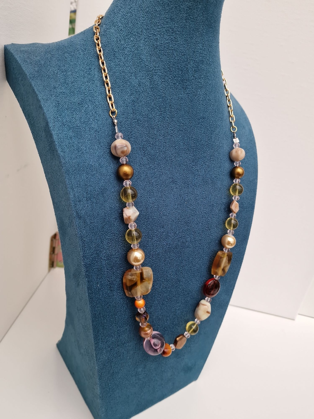 Collier Vintage Pierres Quartz Perles Dorés Marrons