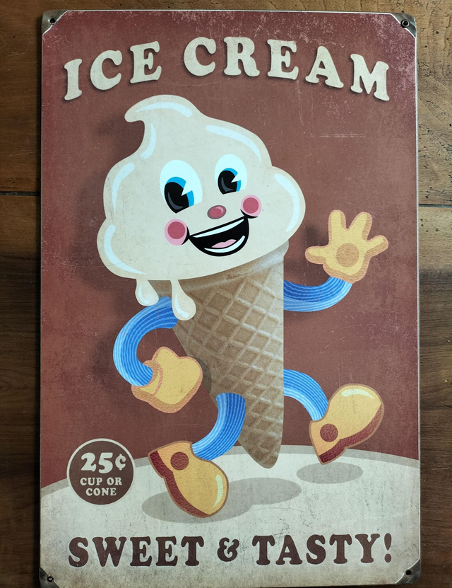 Plaque métal tôle épaisse / Ice cream / aspect vintage / occasion T.B.E