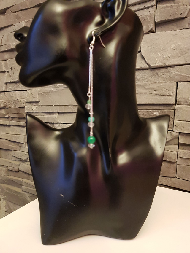 Boucles D'oreilles Longues Argentées Jade Vert