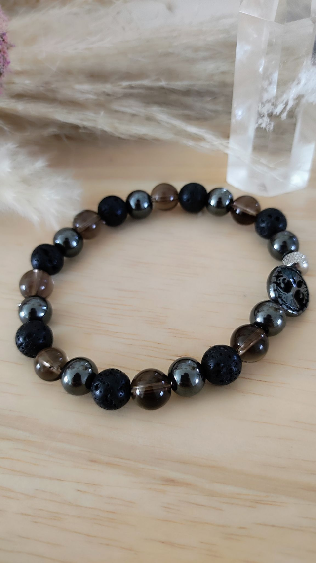 Bracelet Arbre de vie Quartz fumé, Hématite et Pierre de lave